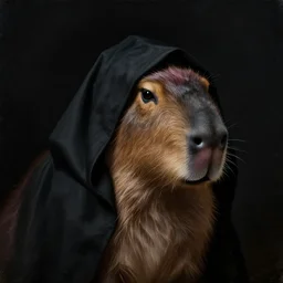 a portrait of a capybara wearing a black hood, cloak covering face, anatomically correct, beautiful perfect face, enigmatic, oil painting, matte, black background, volumetric dynamic lighting, highly detailed, cinematic lighting, unreal engine, 8 k, hd, by beksinski