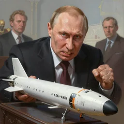 very old and angry vladimir putin baring his teeth, very detailed, threating by a model of a cruise missile. artwork by artgerm, wide angle, fantasy, highly detailed, digital painting, artstation, smooth, sharp focus, art by thomas kinkade and h. r. giger and tyler edlin