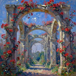 broken arches leading to the pillars of eternity draped with red flowers and vines, blue sky, lens flare, a sense of mystery, cinematic, ultra detailed, intricate, sharp focus, trending on artstation, 8K, oil painting by Claude Monet
