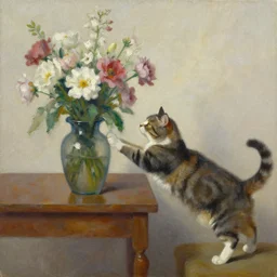 the cat pushes a vase of flowers from the table, oil on canvas,