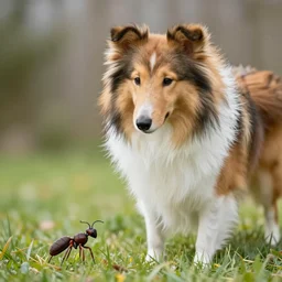 a giant Sheltie is looking down at it's ant sized human owner