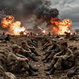 Tired and dirty soldiers sitting in a ditch, explosions all around