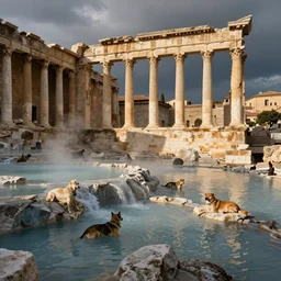 ancient roman hot springs with dog relaxing everywhere