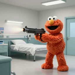 Elmo shooting a minigun into a hospital room concept art, photorealistic
