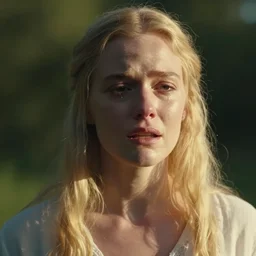 Midsommar cult portrait of woman with blond hair crying under harsh sunlight cinematic lighting film still