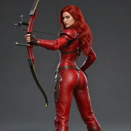 Female archer, dnd, d&d, leggins, red skintight leather armor, red hair, visible face!, beautiful face!, alluring, D-cup, toned derriere, high fantasy, realistic, extremely detailed, matte painting, by wlop and Frank Franzzeta, artstation, cgsociety