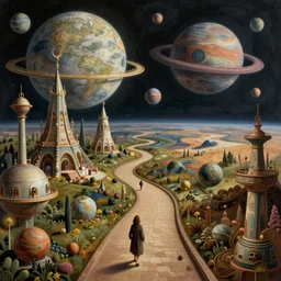 a whimsical masterpiece matte painting of a winding path into outer space sci - fi dream worlds, surreal planets designed by heironymous bosch, space megastructures inspired by heironymous bosch, vast surreal landscapes and horizon by asher durand and cyril rolando and natalie shau and cyril rolando, insanely detailed, highly intricate, elegant, intense, dramatic lighting, cinematic