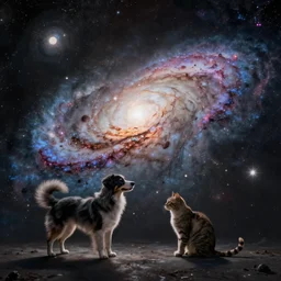 exploding galaxy the twisting stellar dust vaguely looks like a dog and a cat