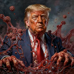 donald trump's disgusting true form bursting from within, gross, slimy, sleazy, pustules, high details, intricate details, by thomas kinkade