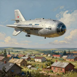 a beautiful matte painting of a alien spaceship over the soviet, russian village, communist, simon stalenhag and alan bean, trending on artstation, realistic rendering