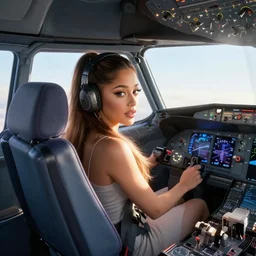 ariana grande in a cockpit flying an airliner, ultrafine highly detailed hyper colorful illustration, sharp focus, unreal engine highly rendered, global illumination, radiant light, subtle light fog, intricate and detailed environment