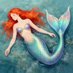 beautiful mermaid with intricate detailed iridescent scales for her tail, vibrant red orange hair, patches of scales on body, laying in shallow water, vibrant colours, detailed illustration, smooth sharp focus, art by wlop and ryky and guweiz and tian zi, fantasy, intricate, misty, particles
