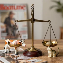 set of balance scales with weights, libra, weighing cow figurine and cat figurine, magazine producto style