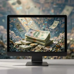A monitor  showing futuristic money, dreamlike digital painting, detailed background
