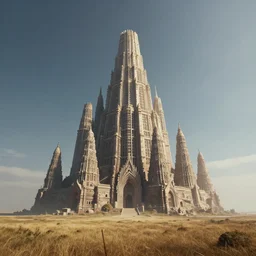 a majestic tower of babel standing on a vast plain ， super wide angle ， matte painting ， rtx on ， trending on cgsociety and artstation, unreal engine ， volumetric light ， surreal