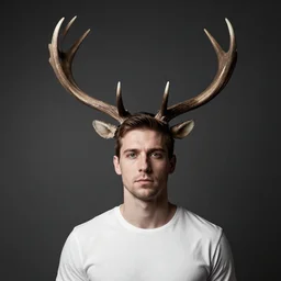 man with mighty antlers growing out of his head. professional studio photography. low saturation. dark background.