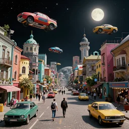 people on the colorful streets of a Russian cyberpunk slum city on the Moon, lots of flying cars, colorful, lively, black sky full of stars, blinding sun, Neo Norilsk, Neo Kyiv, sci-fi, lots of flying cars, levitation, cyberpunk outfits, photorealistic, grainy, 35mm, intricate, very very beautiful, elegant, smooth, cinematic, Unreal Engine 5, by Beeple, trending on Artstation HD
