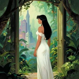 A beautiful jungle princess wearing white robes stands in a doorway looking out over a fantastical city, neal adams