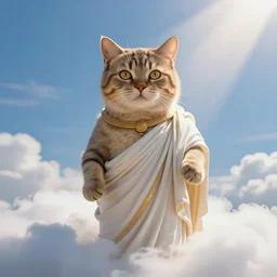 god cat wearing toga, around clouds, sunny day, lightbeam over the cats head, hyperrealistic, 2 5 mm photo