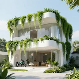 futuristic house white covered in plants, hanging vines, motorcycle