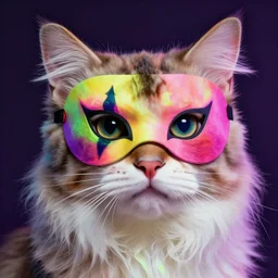 ” a handsome big - eye cat with long hairs wearing a joker mask, neon colors and beautiful lighting, highly detailed, digital painting, 8 k, close up ”