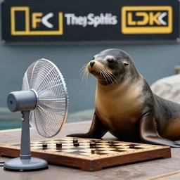 photo of a sea lion playing chess with a stand fan, award-winning photograph, national geographic, 8k