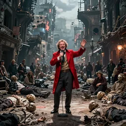 cinematic scene of a comedian in red coat performing comedy show on dead bodies in streets of an apocalyptic metropolis destroyed after war, fantasy art, dramatic lighting, insane details