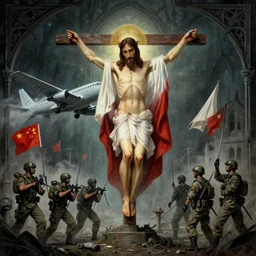 jesus christ intercepting an aircraft alongside the chinese military force, gothic art