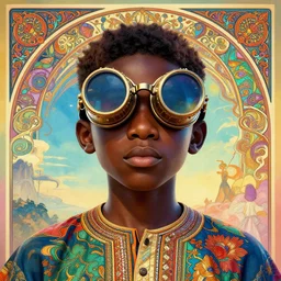 colourful vfx upper half - 3 d portrait - art of a nigerian boy wearing steam punk goggles in the sky, art by utagawa kunisada, james jean & alphonse mucha, symmetrical, intricate detail, concept art, volumetric light, ray tracing, colourful, digital illustration, octane render, 2 d - 3 d hybrid, unreal engine, sharp, pinterest, behance, art station,