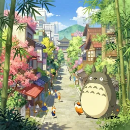street-level view of a colorful kitsune city, bamboo, flowers, anime, fox people, a fantasy digital painting by Greg Rutkowski and James Gurney, trending on Artstation, highly detailed