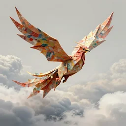 origami phoenix soaring above the clouds, concept art, trending on artstation, wlop, ross draws, digital painting, mixed media, intricate details, volumetric lighting
