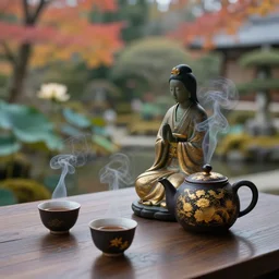 japanese garden, lotus, temple, statue, traditional japanese tea pot, two smoky cup of tea on a wood table, smoky autumn lightings, smoky atmosphere, japanese garden background, micro details, ( ( ( intricate ) gold details ) ), photorealism, crisp, hasselblad camera, by annie leibovitz