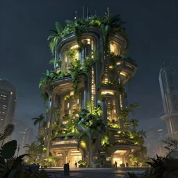 a futuristic building with a lot of plants and lights, concept art by mandy jurgens, cgsociety, fantasy art, concept art, artstation hq, reimagined by industrial light and magic