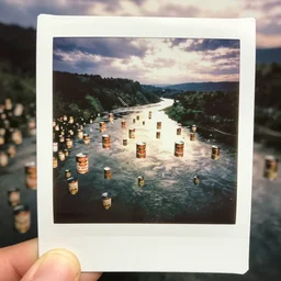 instax polaroid film photo of thousands of cans of soup floating down the river, nostalgia, faded glow, expired film analog photography