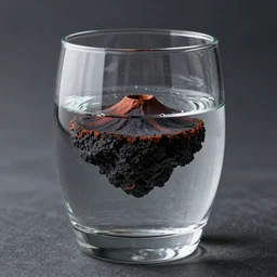 a glass of water with a volcanic island sitting inside