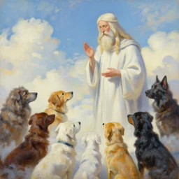 the god of dogs from the heaven talking to his dog nation, illustration, 8 k, oil painting,