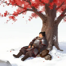 winter, a tired male warrior wearing armor relaxing under a huge tree with red flowers, long shot, fantasy, painting by gaston bussiere, craig mullins, j. c. leyendecker, trending on artstation