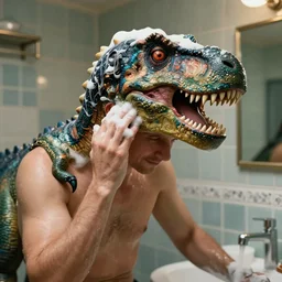 photo of a man with a dinosaur head but with regular hair suffering from a bad dandruff problem in his bathroom, shampoo advert