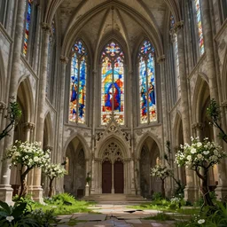 interior of the old cathedral, stained glass, gothic style,trees, bushes, white flowers, green grass, damaged floor, greg rutkowski, fantasy, detailed illustration, hd, 4k, digital art, overdetailed art, concept art, trending on artstation