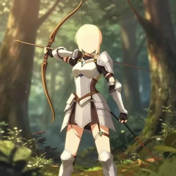 isekai beautiful anime girl armored elven archer standing in forest. flat face. aesthetic, golden ratio. beautiful lineart, hot on pixiv, artstation, soft lighting, artistic pose, character concept, cinematic, motion blur, chromatic abberation. by trent kaniuga, kienan lafferty