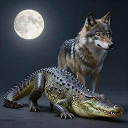 Furred chimera with crocodile's body and a wolve's head, concept art, illuminated by full moon, professional photoshop artwork, highly detailed, one subject, full body concept art