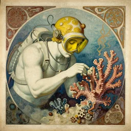 bust of an undersea explorer with yellow visor examines coral, organic abstract illustration aged fresco, 1811, decadent french art nouveau collage