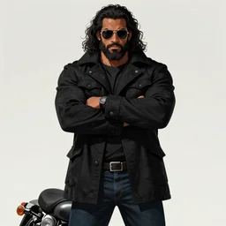 Picture of a male biker, tough, burly, dark skin, jet black tuffe coat, aviator shades, dark blue jeans, long curly hair, unkempt beard, serious look, armfold pose!, smooth, sharp focus, highly detailed, color, digital illustration, artstation