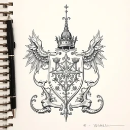 beautiful ink sketch, dieselpunk high fantasy, medieval coat - of - arms, by chris riddell, ilya kuvshinov, wlop, krenz kushart, boris vallejo, ayami kojima and ayami kojima