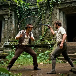 a photograph of indiana jones with his whip fighting a man with a gun, action scene, overgrown temple, green vines.