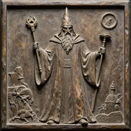 relief artwork of a wizard