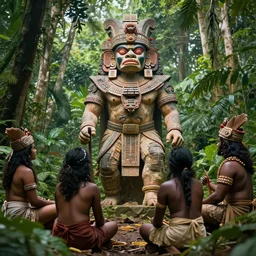 a mayan god overlooking his subjects in the jungle,