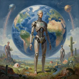 Transhumanist landscape painting of artificial life ending the world as we know it, singularity, 8k, trending on cgsociety artstation, masterpiece, highly detailed, establishing shot, in a symbolic and meaningful style.