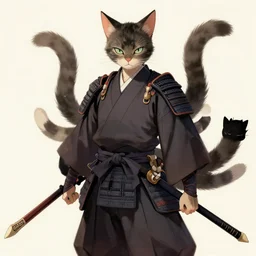 a hermit type samurai warrior master with ears and tails of a cat