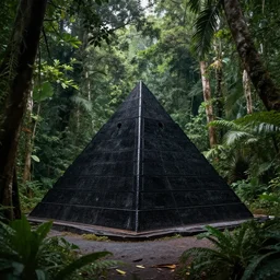 pyramid that is black, in the jungle, plants environment, wide angle, cinematic lighting, atmospheric, realistic, highly detailed